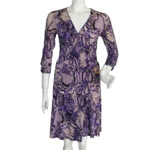 CACHE Dress, S, Purple Snakeskin, Fold over Wrap, Golden Buckle, Mid sleeves
